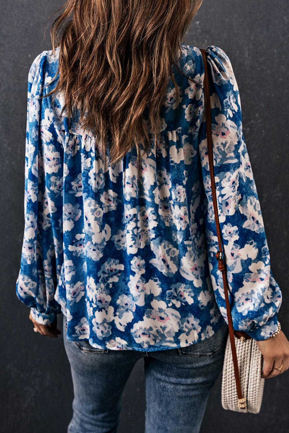 Floral Balloon Sleeve Round Neck Blouse BLUE ZONE PLANET