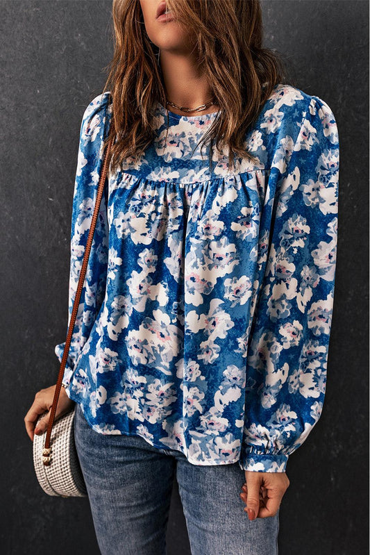 Floral Balloon Sleeve Round Neck Blouse BLUE ZONE PLANET