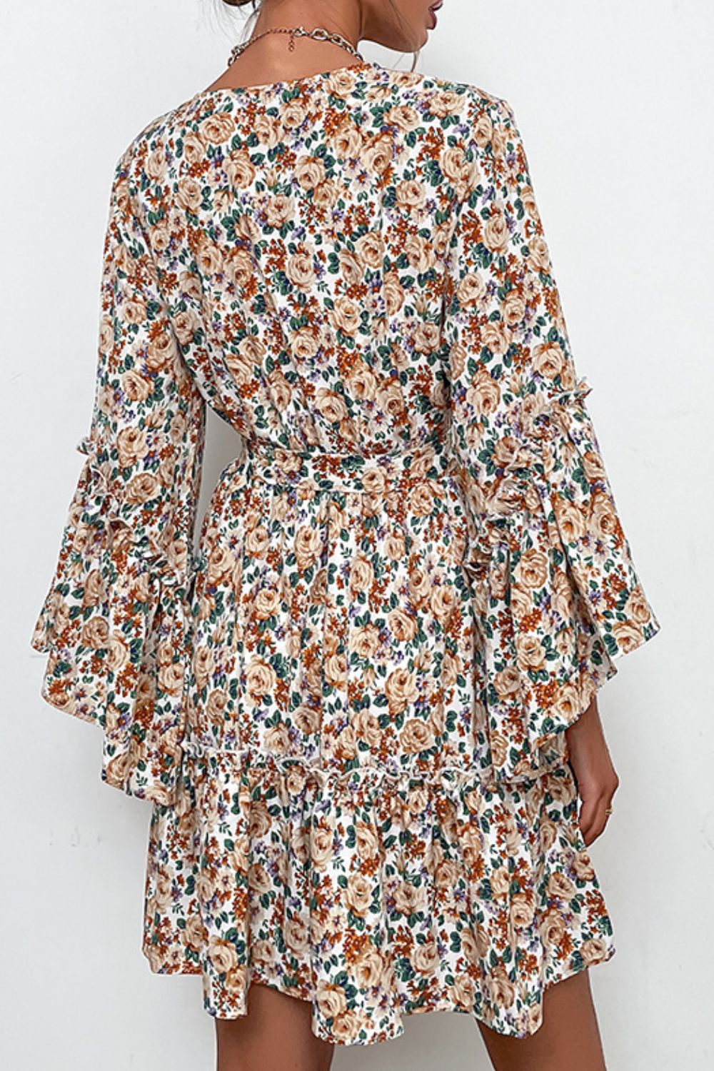 Floral Belted Flare Sleeve V-Neck Dress-TOPS / DRESSES-[Adult]-[Female]-2022 Online Blue Zone Planet