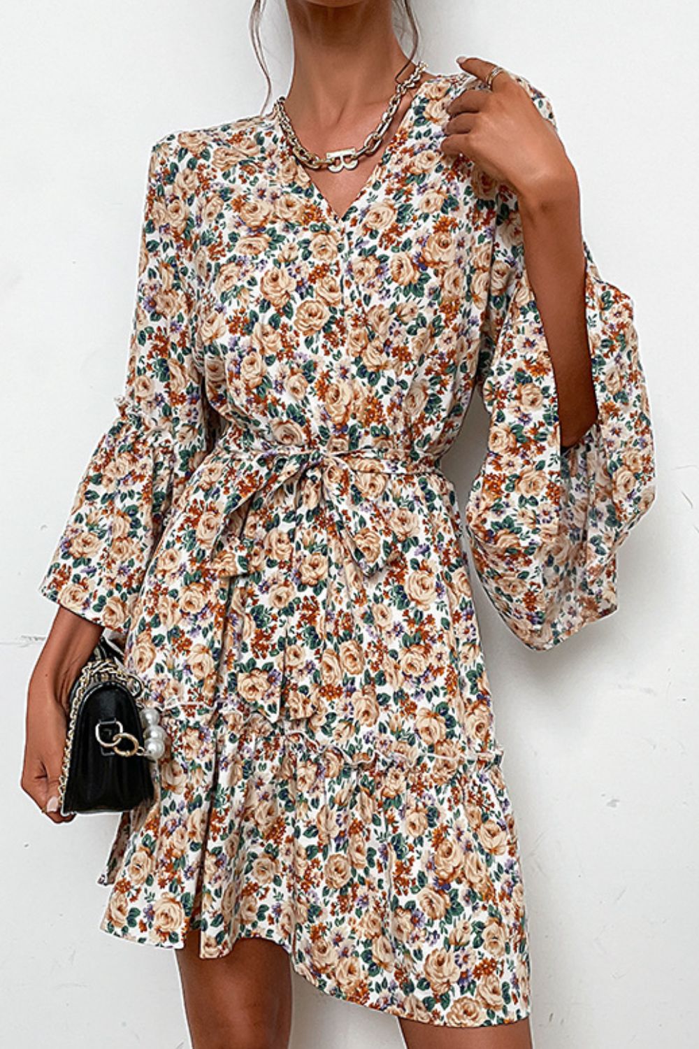 Floral Belted Flare Sleeve V-Neck Dress-TOPS / DRESSES-[Adult]-[Female]-Floral-S-2022 Online Blue Zone Planet