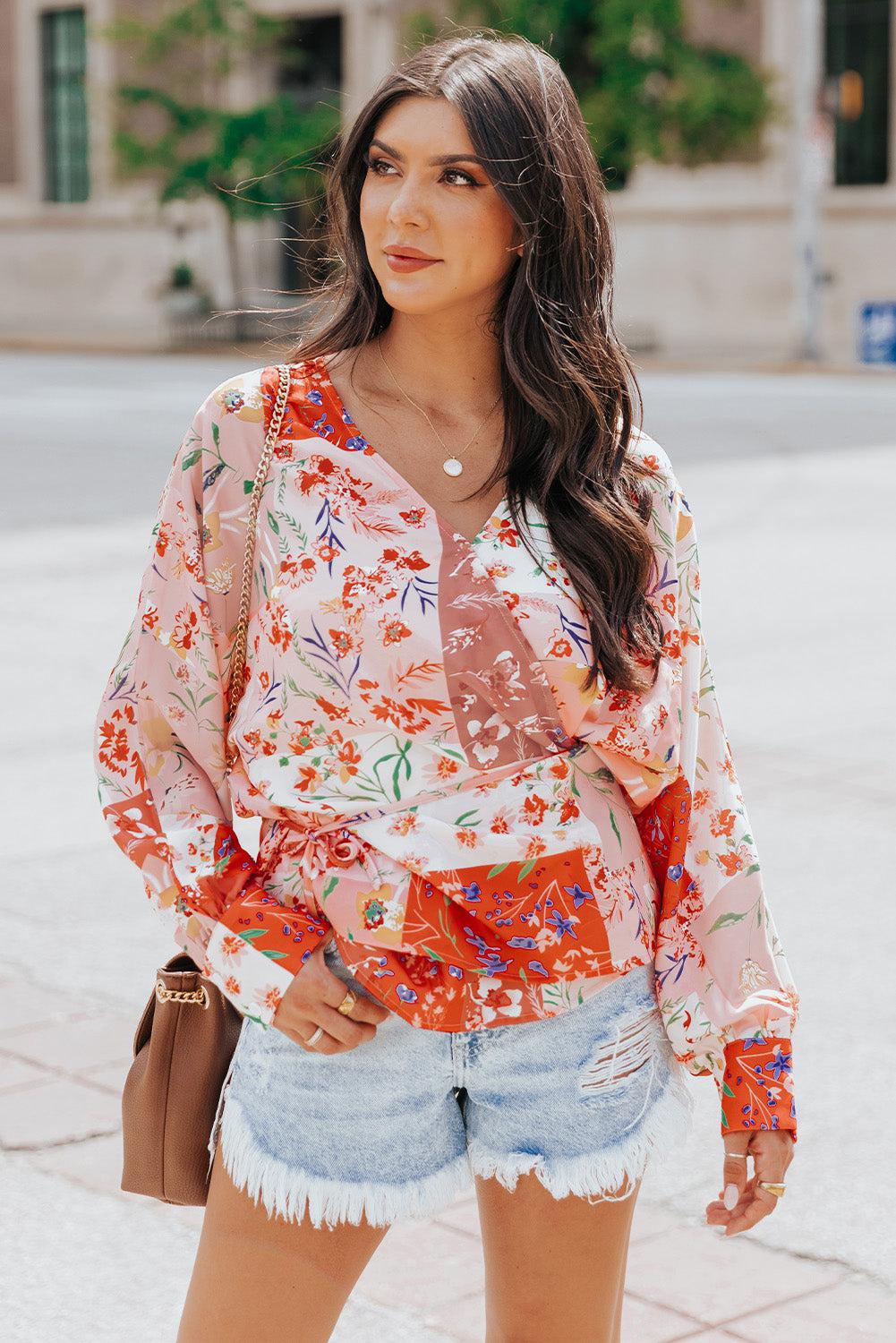Floral Belted Surplice Blouse BLUE ZONE PLANET