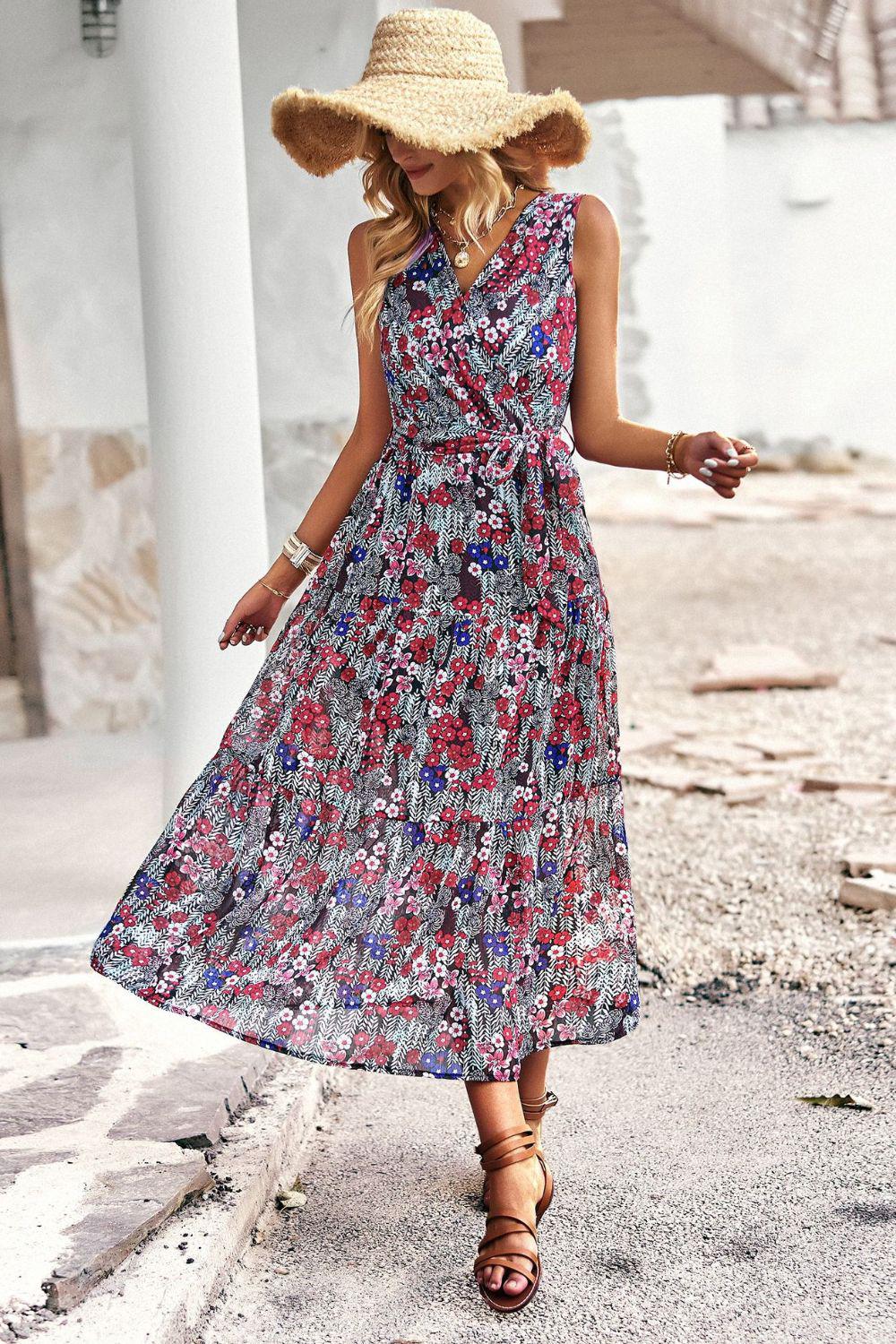 Floral Belted Surplice Sleeveless Tiered Dress-TOPS / DRESSES-[Adult]-[Female]-2022 Online Blue Zone Planet
