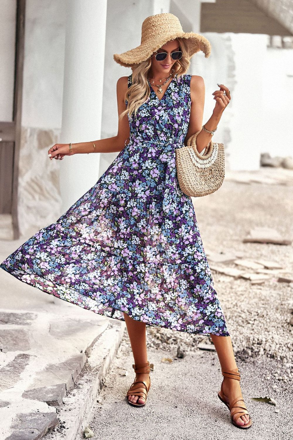 Floral Belted Surplice Sleeveless Tiered Dress BLUE ZONE PLANET
