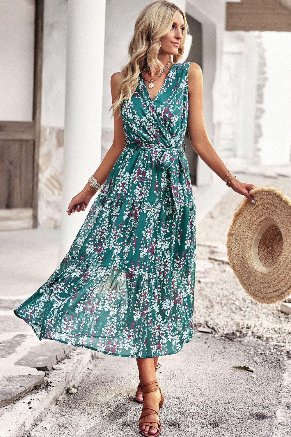 Floral Belted Surplice Sleeveless Tiered Dress-TOPS / DRESSES-[Adult]-[Female]-2022 Online Blue Zone Planet