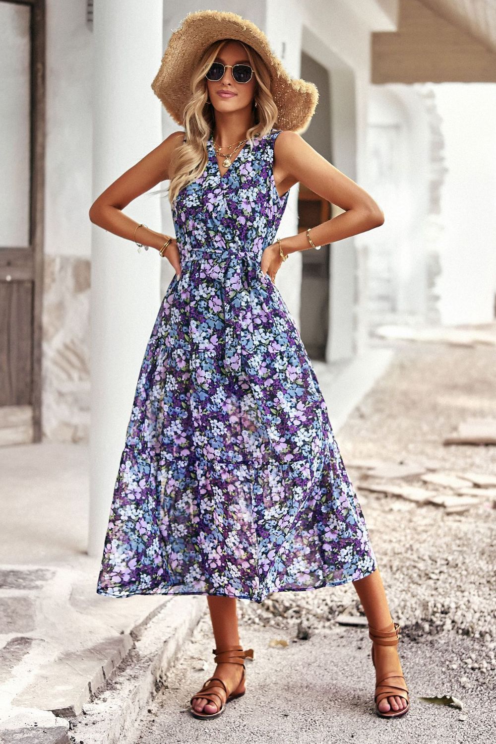 Floral Belted Surplice Sleeveless Tiered Dress-TOPS / DRESSES-[Adult]-[Female]-Purple-S-2022 Online Blue Zone Planet