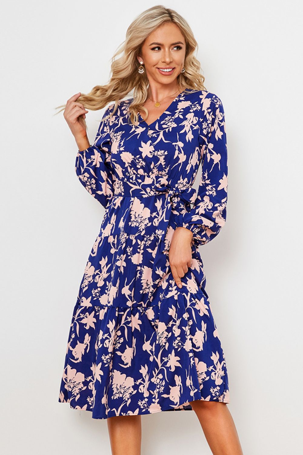 Floral Belted Tiered Midi Dress BLUE ZONE PLANET