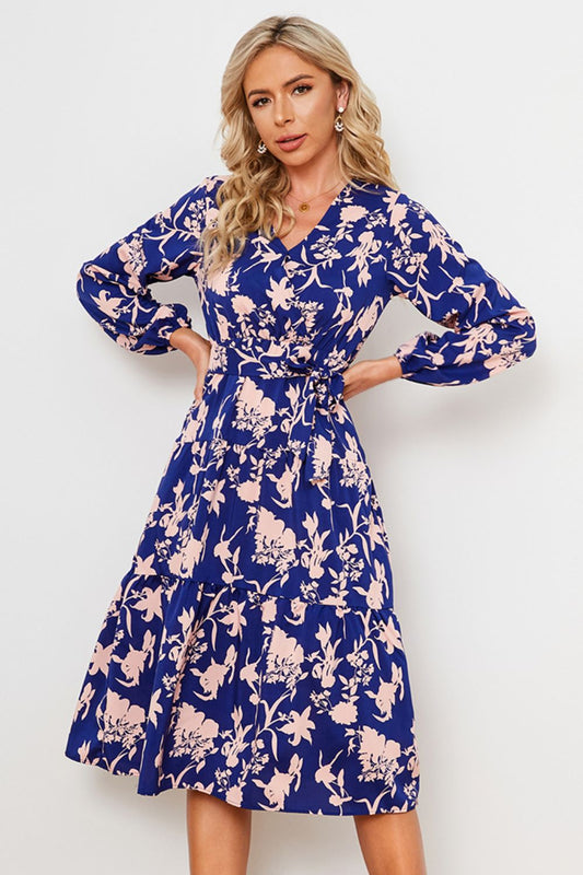 Floral Belted Tiered Midi Dress BLUE ZONE PLANET
