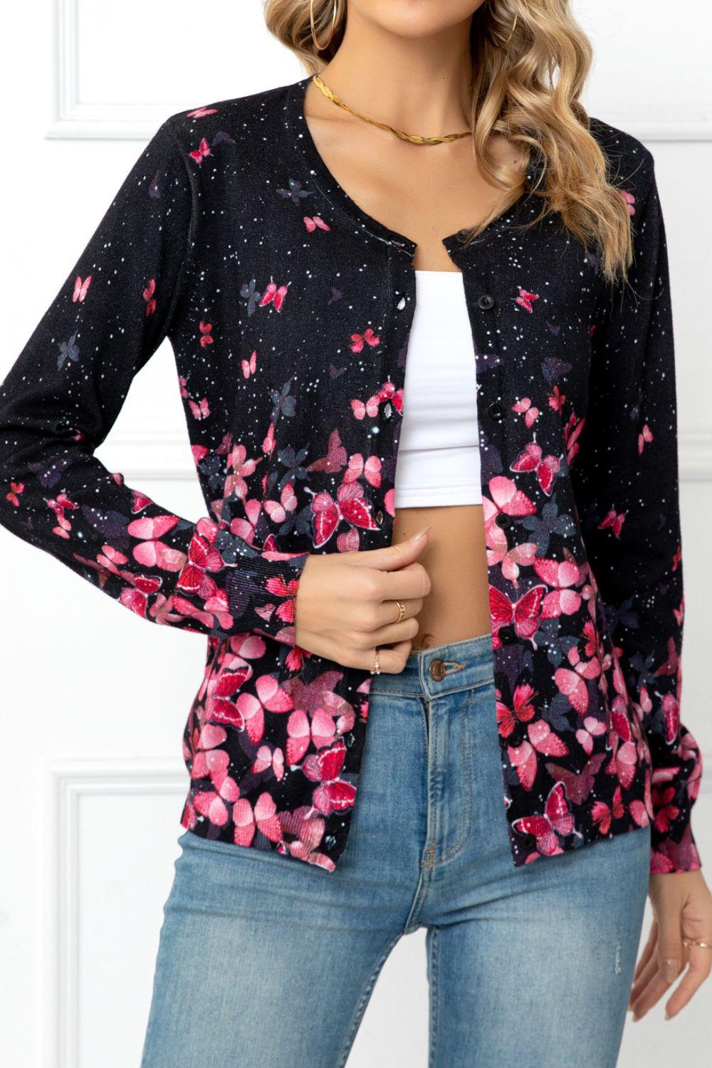 Floral Button Front Round Neck Cardigan BLUE ZONE PLANET