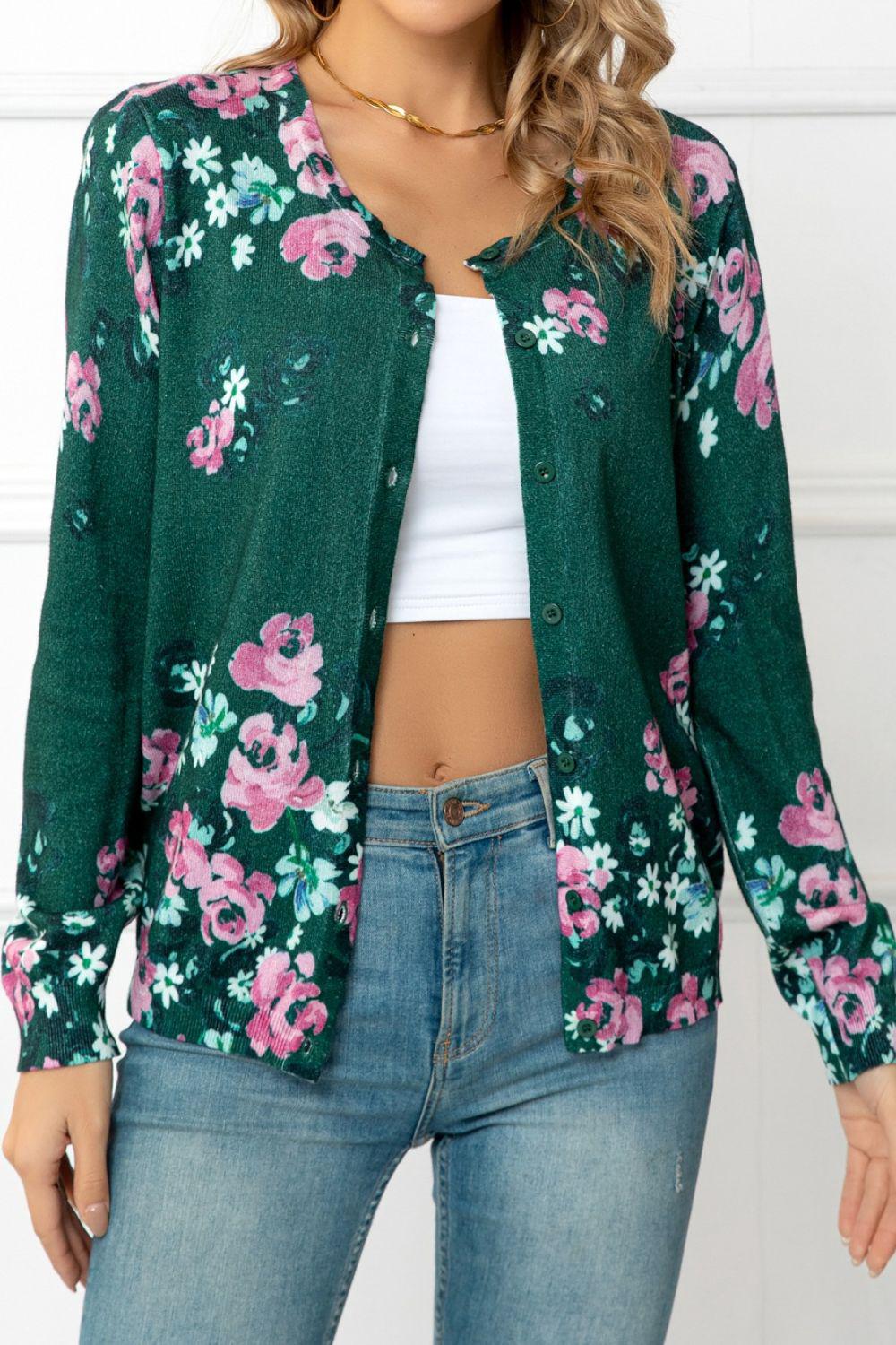 Floral Button Front Round Neck Cardigan BLUE ZONE PLANET
