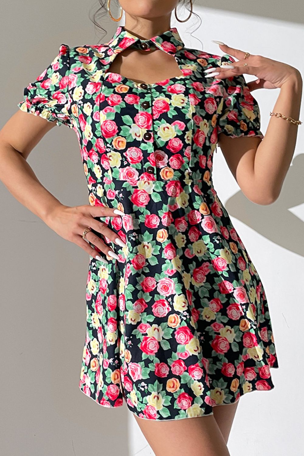 Floral Buttoned Cutout Puff Sleeve Dress BLUE ZONE PLANET