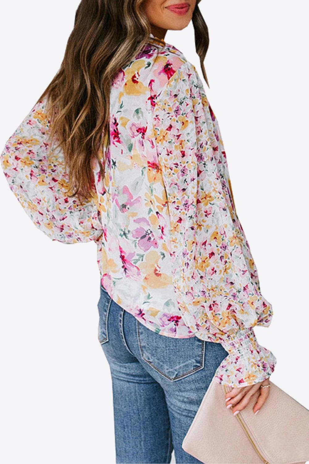 Floral Buttoned Lantern Sleeve Blouse BLUE ZONE PLANET