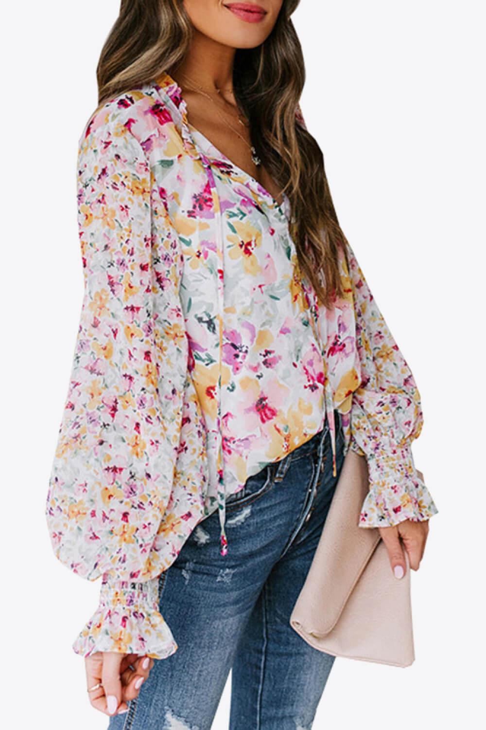 Floral Buttoned Lantern Sleeve Blouse BLUE ZONE PLANET