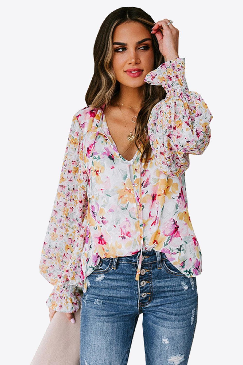 Floral Buttoned Lantern Sleeve Blouse BLUE ZONE PLANET