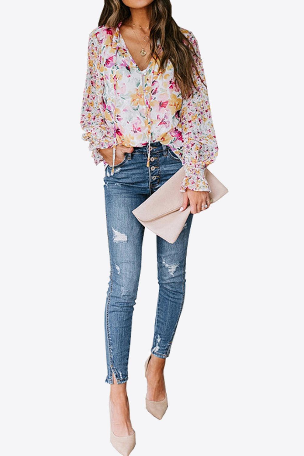 Floral Buttoned Lantern Sleeve Blouse BLUE ZONE PLANET