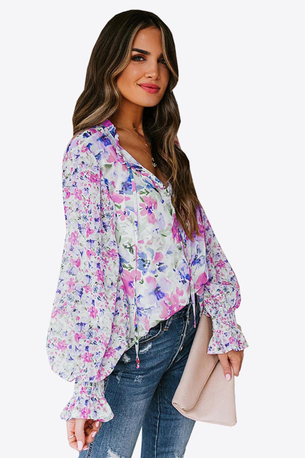 Floral Buttoned Lantern Sleeve Blouse BLUE ZONE PLANET