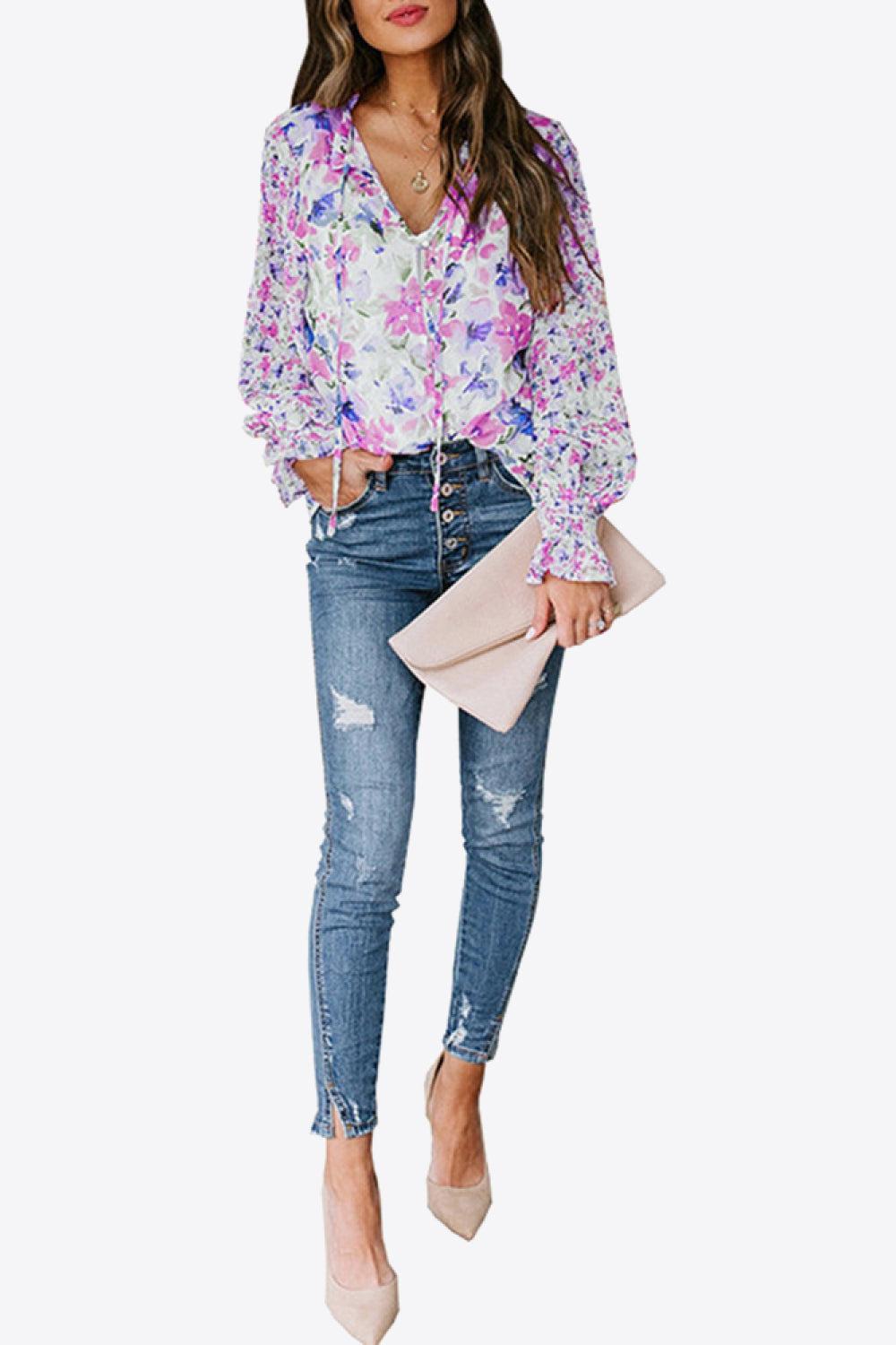 Floral Buttoned Lantern Sleeve Blouse BLUE ZONE PLANET