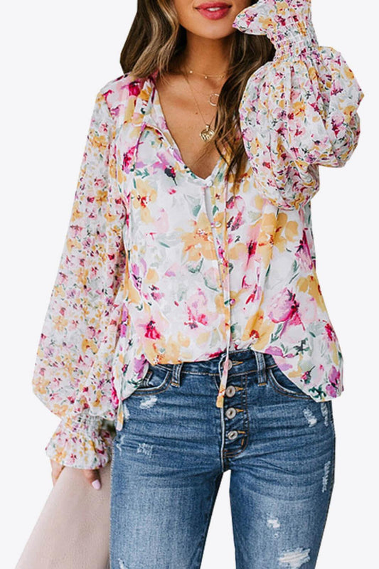 Floral Buttoned Lantern Sleeve Blouse BLUE ZONE PLANET