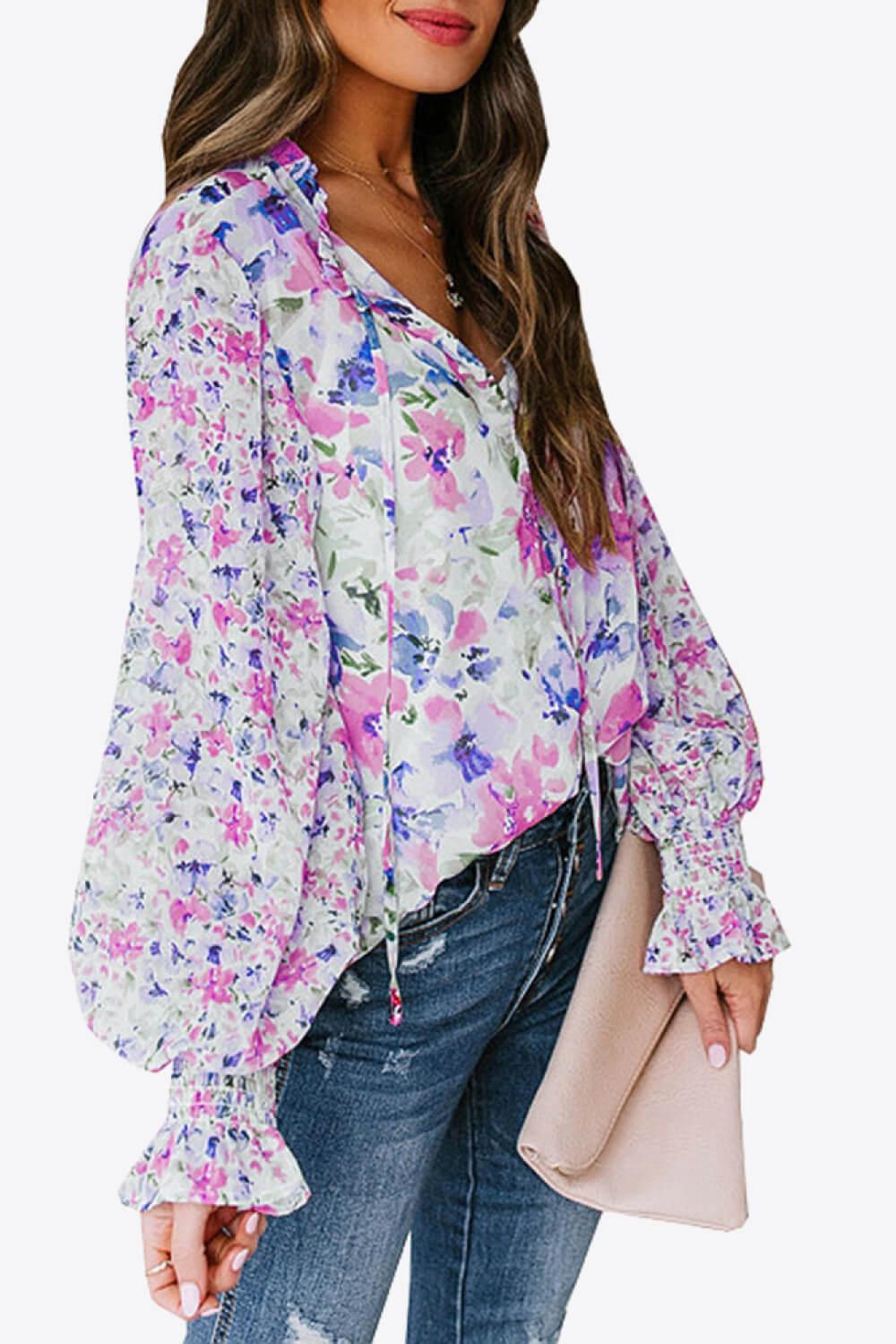 Floral Buttoned Lantern Sleeve Blouse BLUE ZONE PLANET