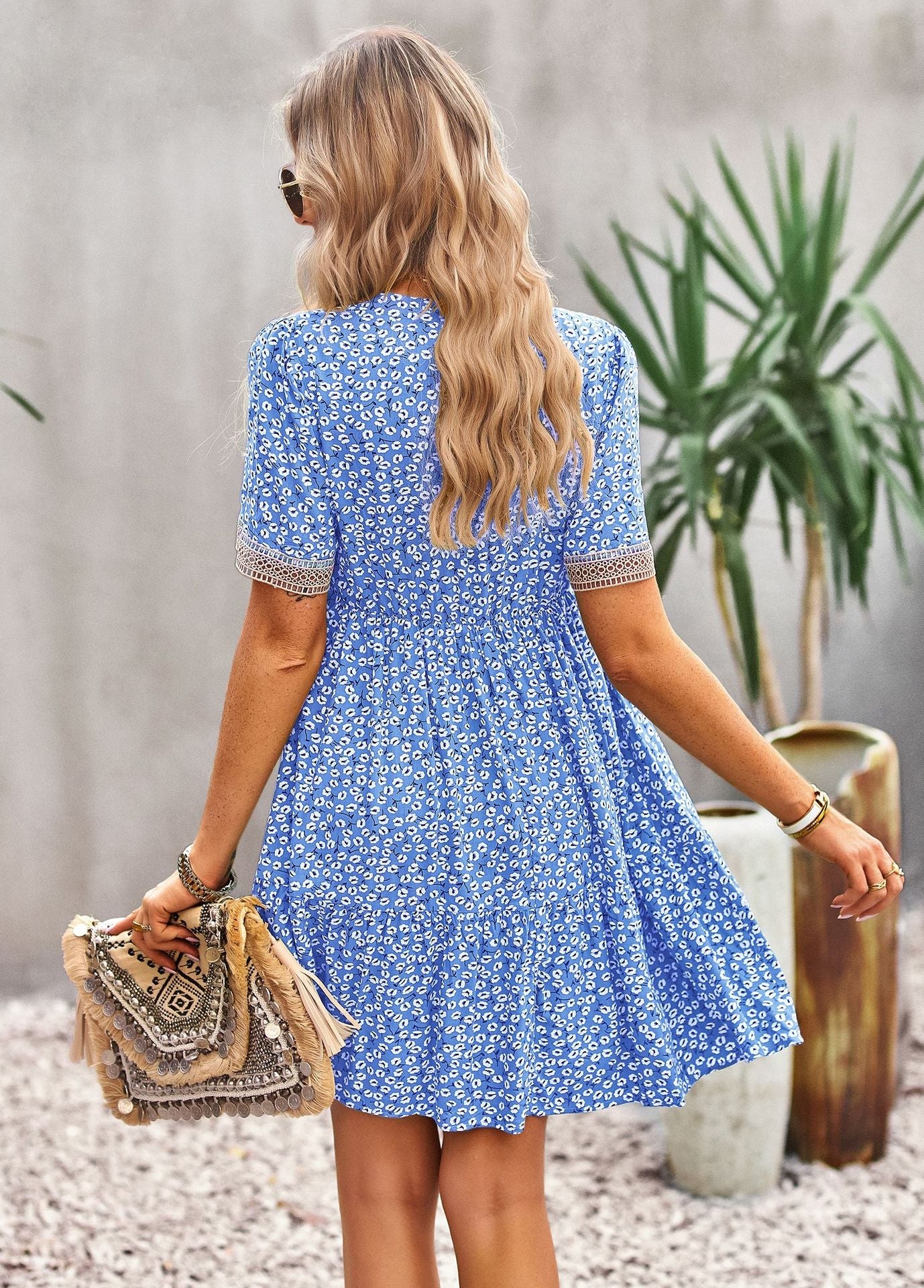 Floral Buttoned Puff Sleeve Dress BLUE ZONE PLANET