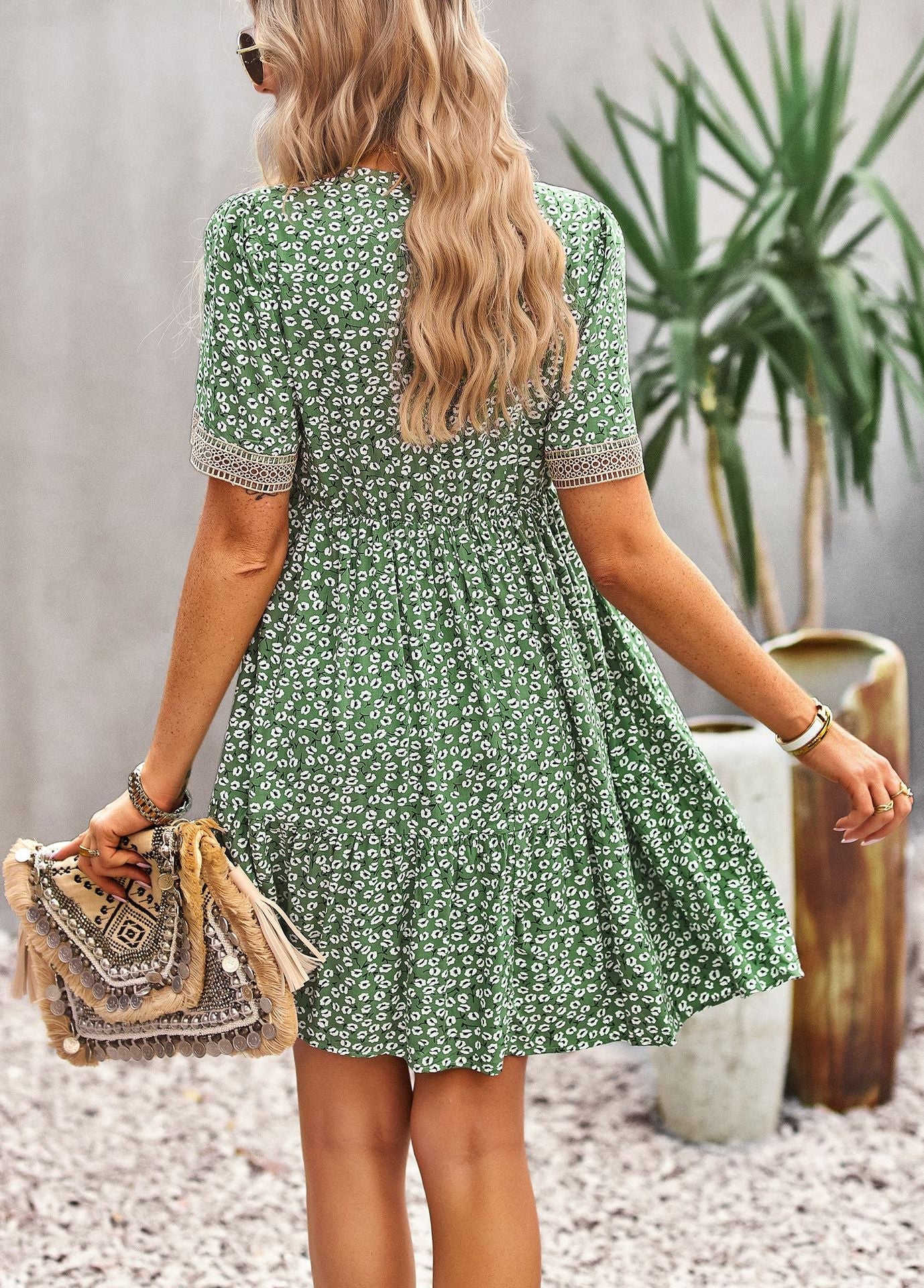 Floral Buttoned Puff Sleeve Dress BLUE ZONE PLANET