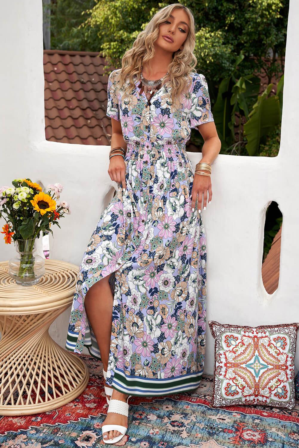 Floral Buttoned Short Sleeve Maxi Dress-TOPS / DRESSES-[Adult]-[Female]-2022 Online Blue Zone Planet