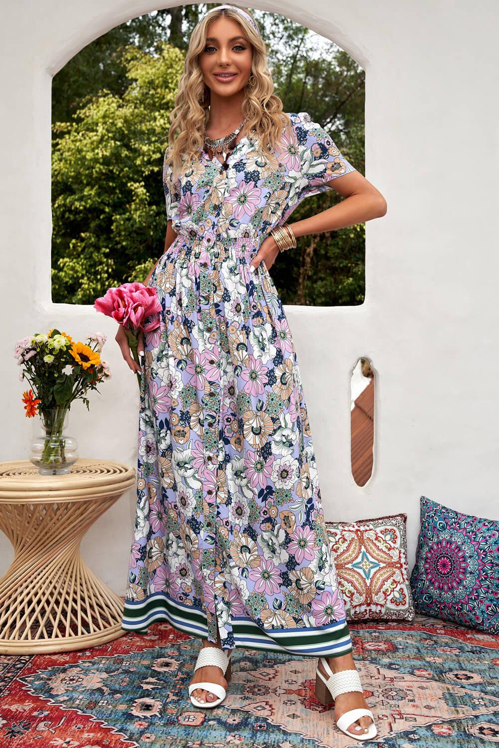 Floral Buttoned Short Sleeve Maxi Dress-TOPS / DRESSES-[Adult]-[Female]-Purple Floral-S-2022 Online Blue Zone Planet