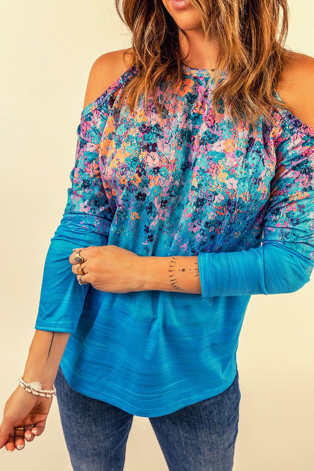Floral Cold-Shoulder Long Sleeve Round Neck Top BLUE ZONE PLANET