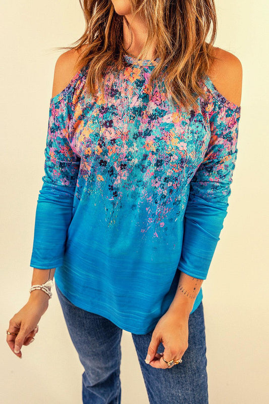 Floral Cold-Shoulder Long Sleeve Round Neck Top BLUE ZONE PLANET
