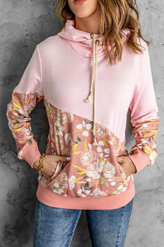 Floral Color Block Cowl Neck Hoodie-TOPS / DRESSES-[Adult]-[Female]-Pink-S-2022 Online Blue Zone Planet