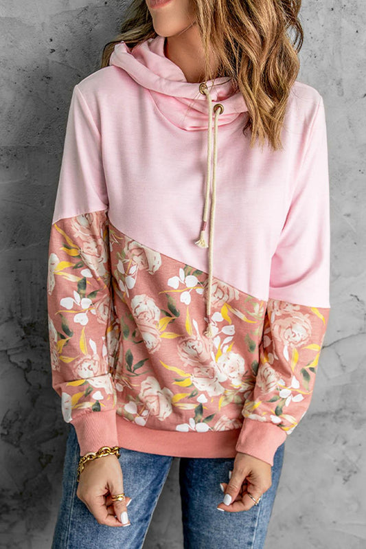 Floral Color Block Drawstring Hoodie BLUE ZONE PLANET