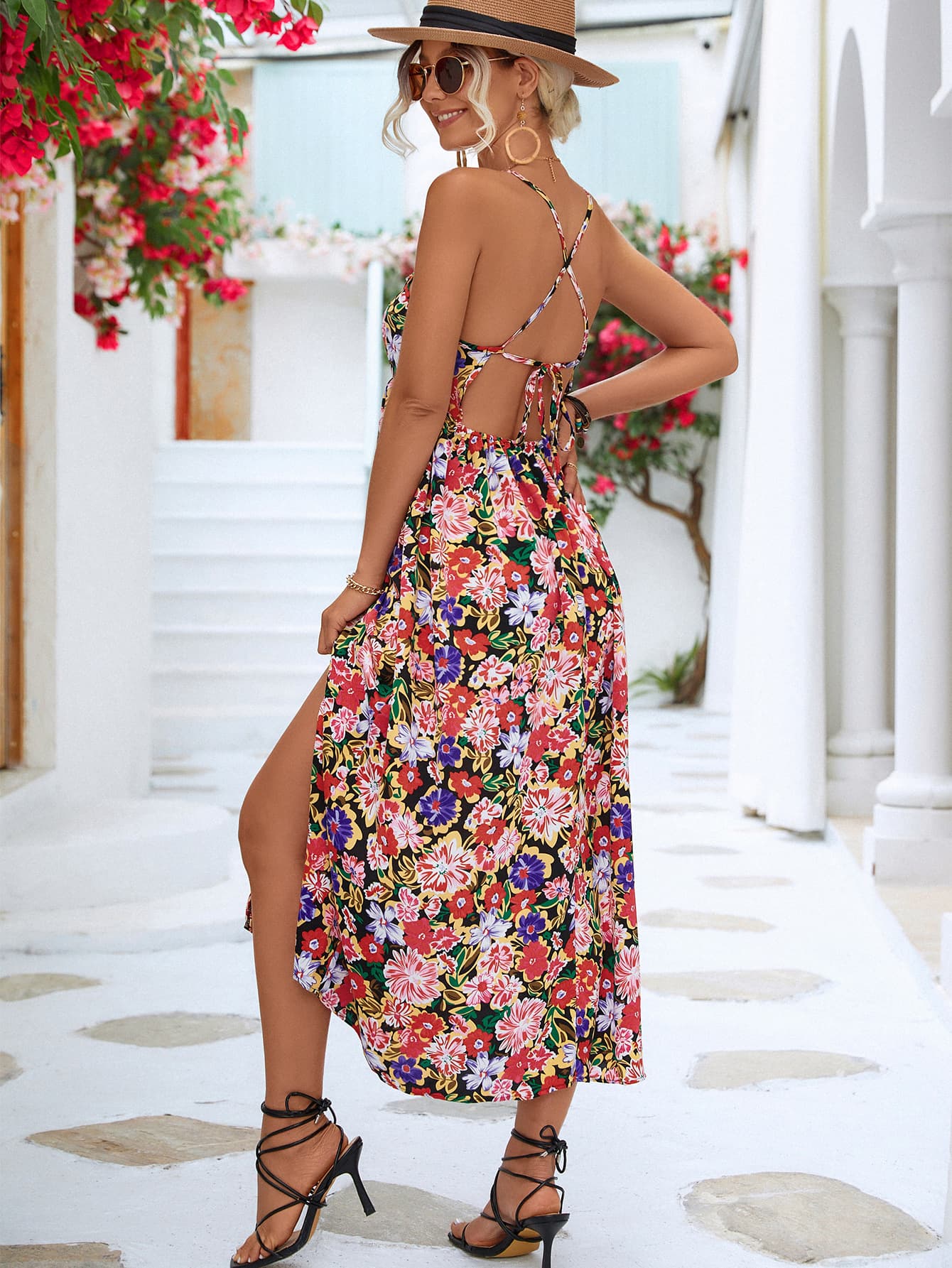 Floral Crisscross Backless Split Dress BLUE ZONE PLANET