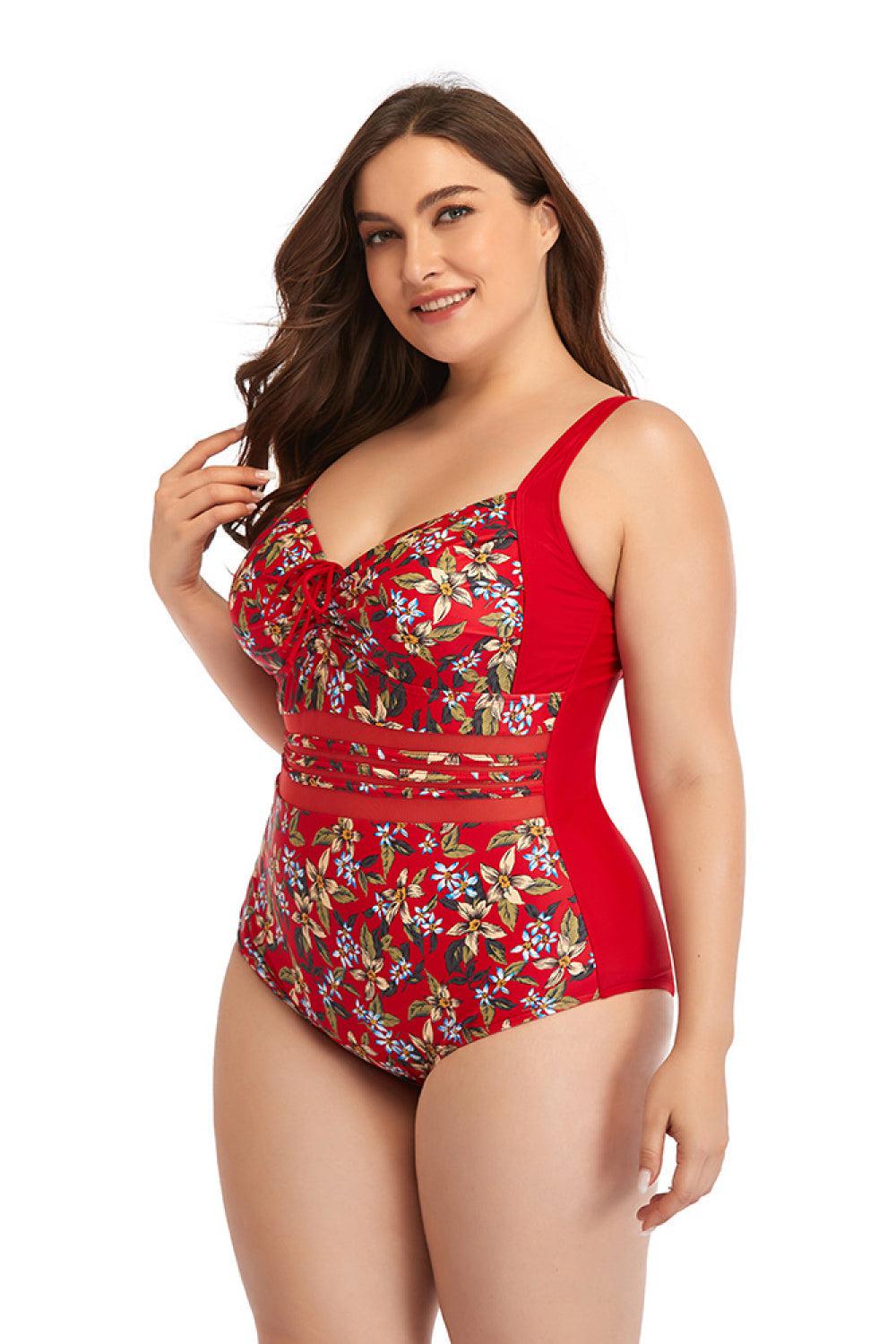 Floral Drawstring Detail One-Piece Swimsuit-TOPS / DRESSES-[Adult]-[Female]-Blue Zone Planet