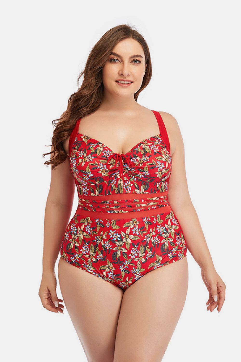 Floral Drawstring Detail One-Piece Swimsuit-TOPS / DRESSES-[Adult]-[Female]-Red-M-Blue Zone Planet