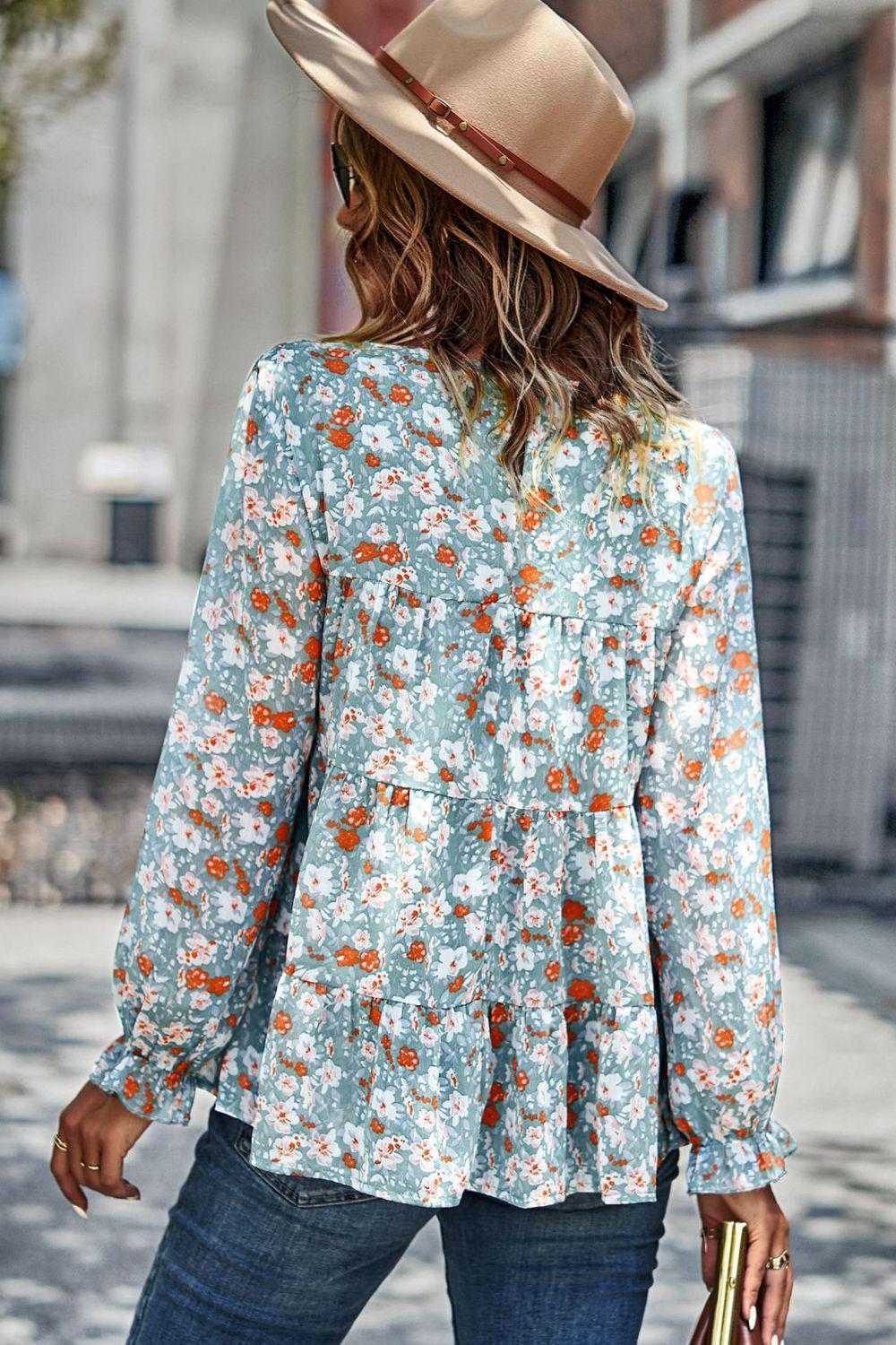 Floral Flounce Sleeve Tiered Blouse BLUE ZONE PLANET