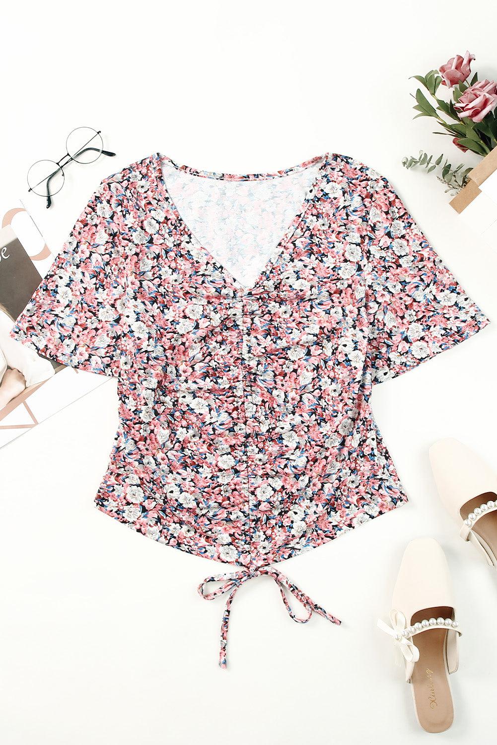 Floral Flutter Sleeve Drawstring Cropped Blouse-TOPS / DRESSES-[Adult]-[Female]-2022 Online Blue Zone Planet
