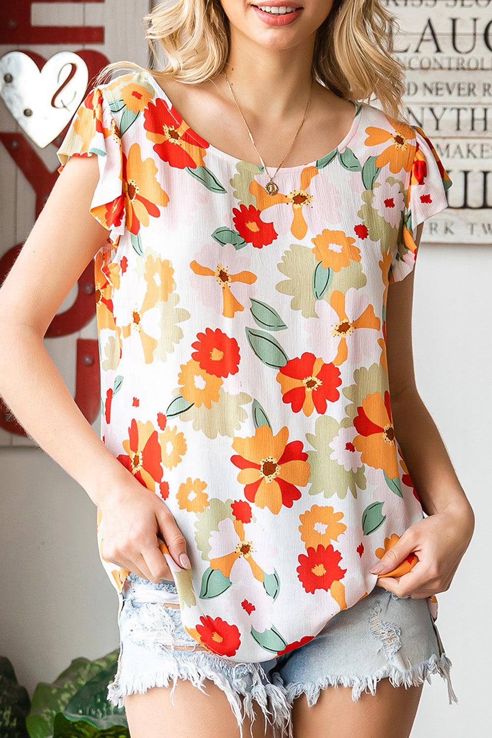 Floral Flutter Sleeve Round Neck Blouse BLUE ZONE PLANET