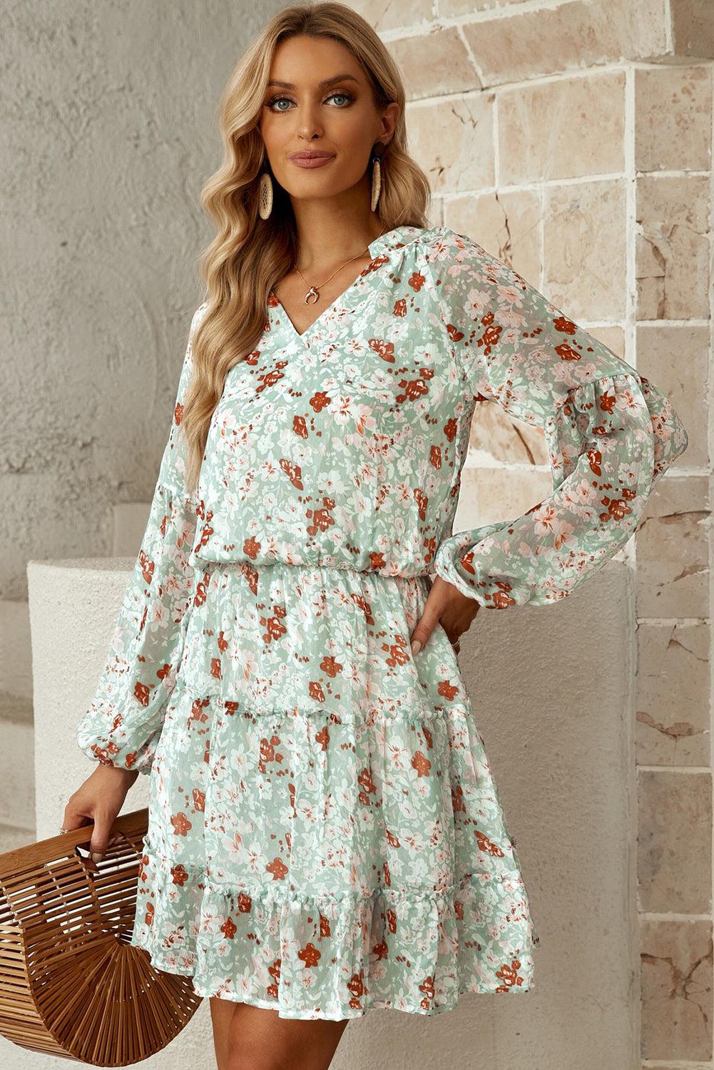 Floral Frill Trim Puff Sleeve Notched Neck Dress-TOPS / DRESSES-[Adult]-[Female]-2022 Online Blue Zone Planet