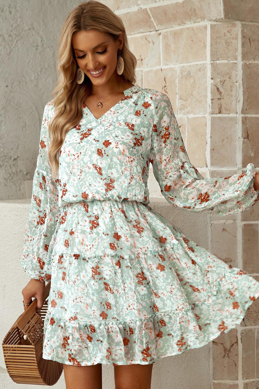 Floral Frill Trim Puff Sleeve Notched Neck Dress-TOPS / DRESSES-[Adult]-[Female]-Green-S-2022 Online Blue Zone Planet