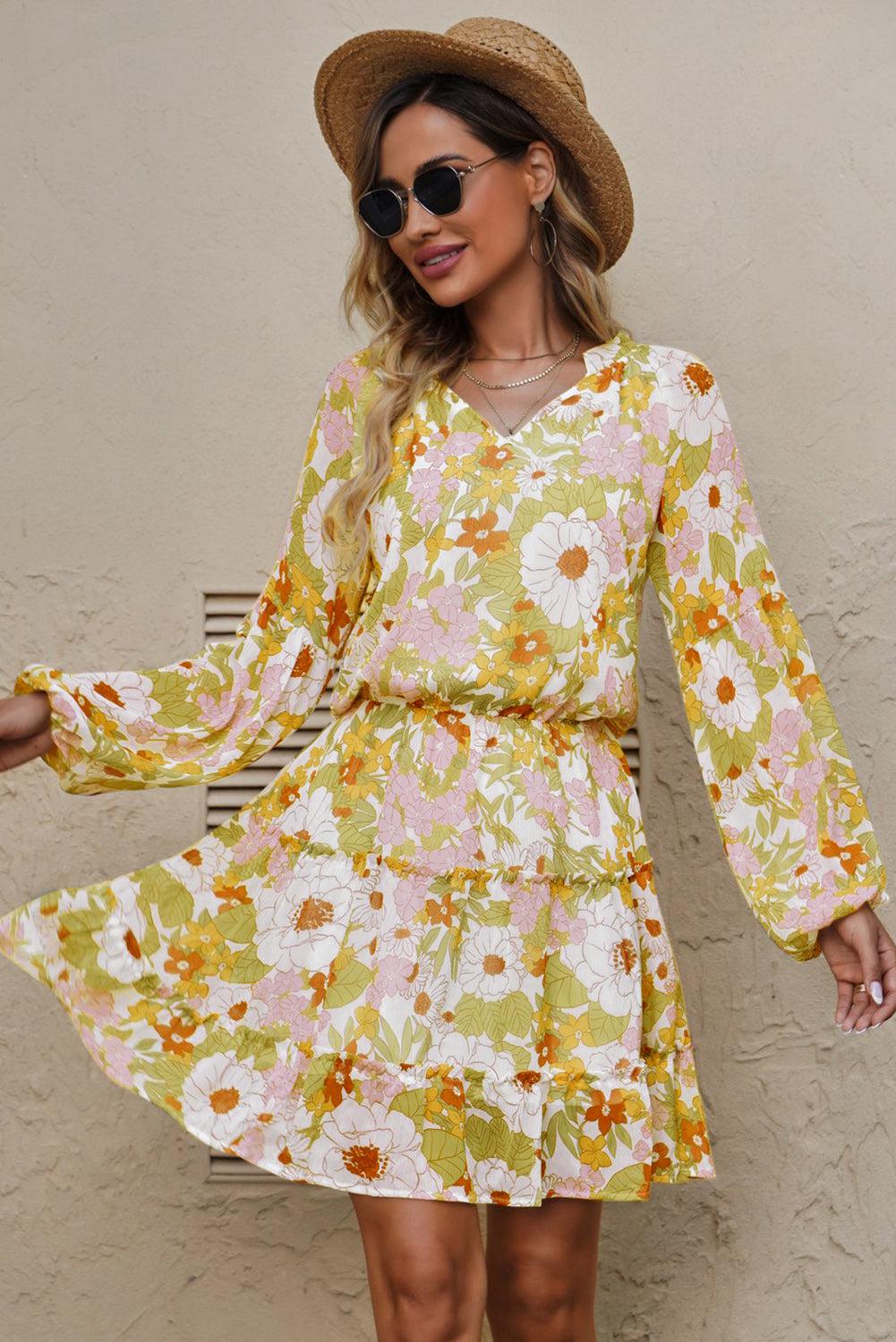 Floral Frill Trim Puff Sleeve Notched Neck Dress-TOPS / DRESSES-[Adult]-[Female]-Yellow-S-2022 Online Blue Zone Planet