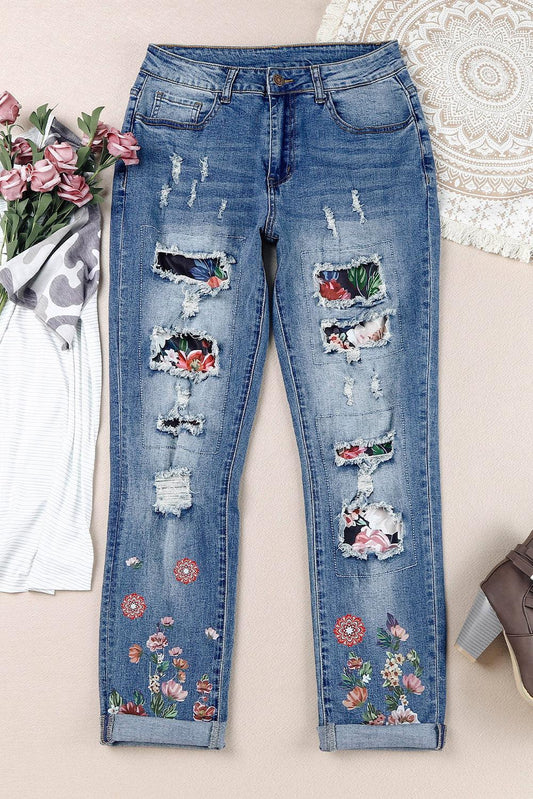 Floral Graphic Patchwork Distressed Jeans BLUE ZONE PLANET
