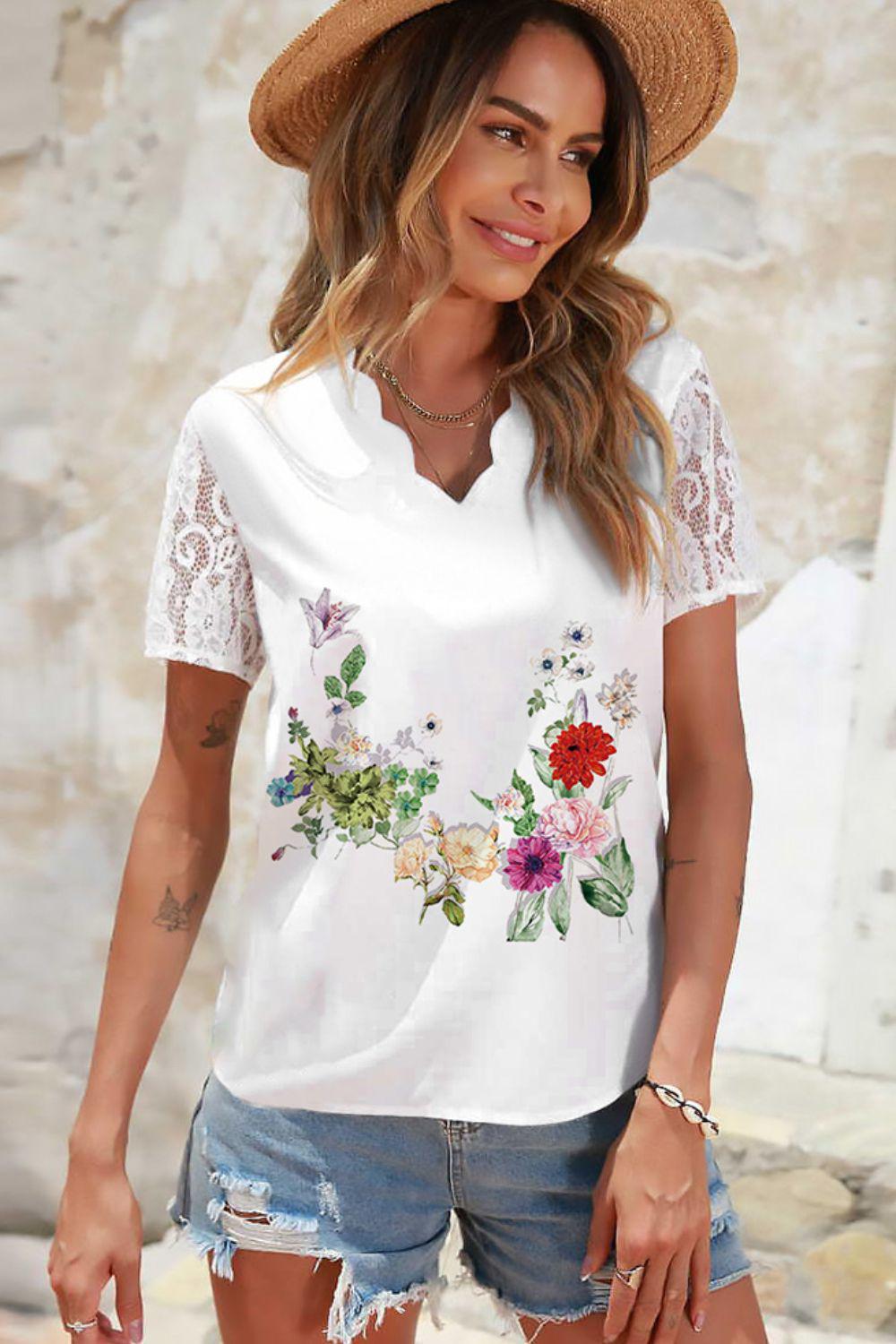 Floral Graphic Scalloped V-Neck Top BLUE ZONE PLANET