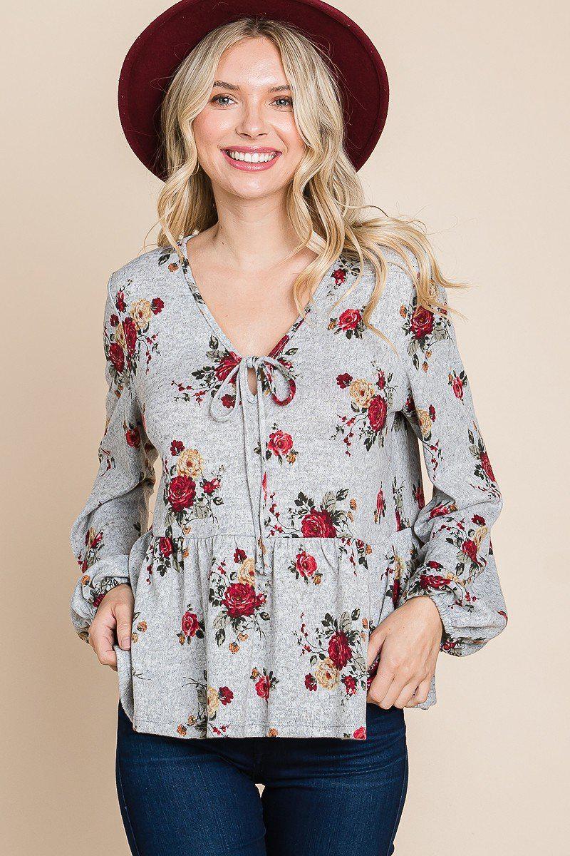 Floral Hacci Printed Babydoll Top With Elastic Cuff Sleeves Blue Zone Planet