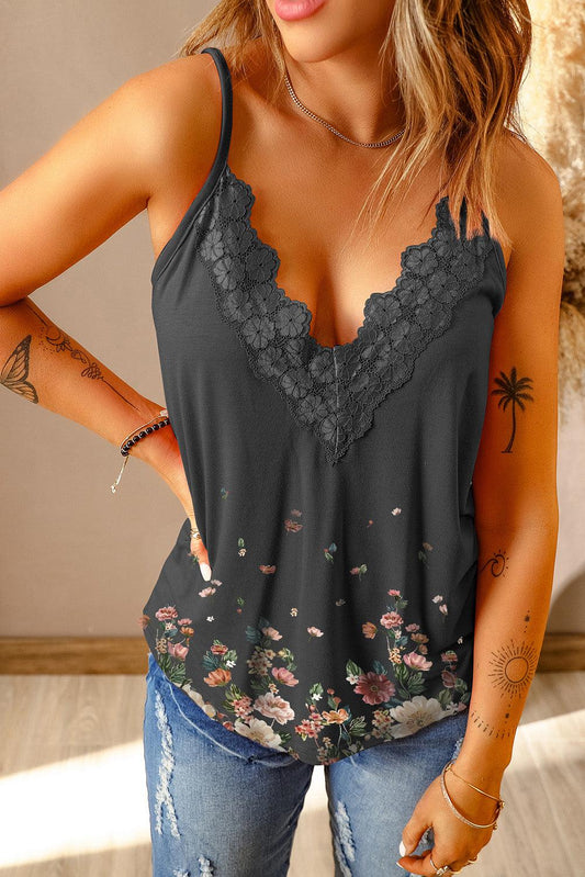 Floral Lace Trim Scalloped Plunge Cami BLUE ZONE PLANET