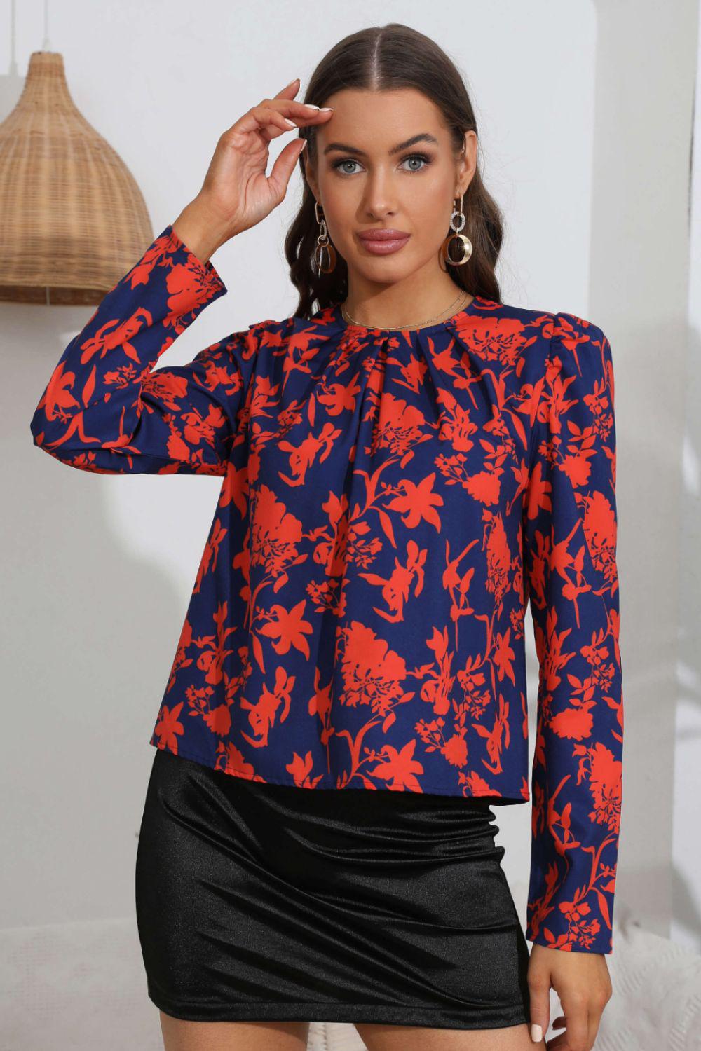 Floral Long Puff Sleeve Blouse BLUE ZONE PLANET