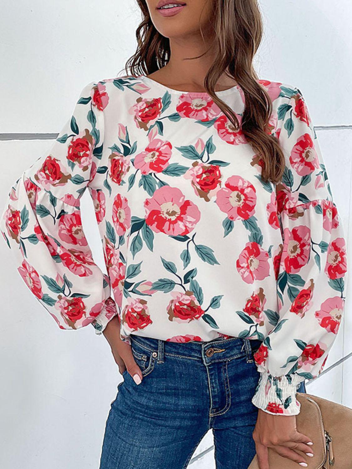 Floral Long Puff Sleeve Round Neck Blouse BLUE ZONE PLANET