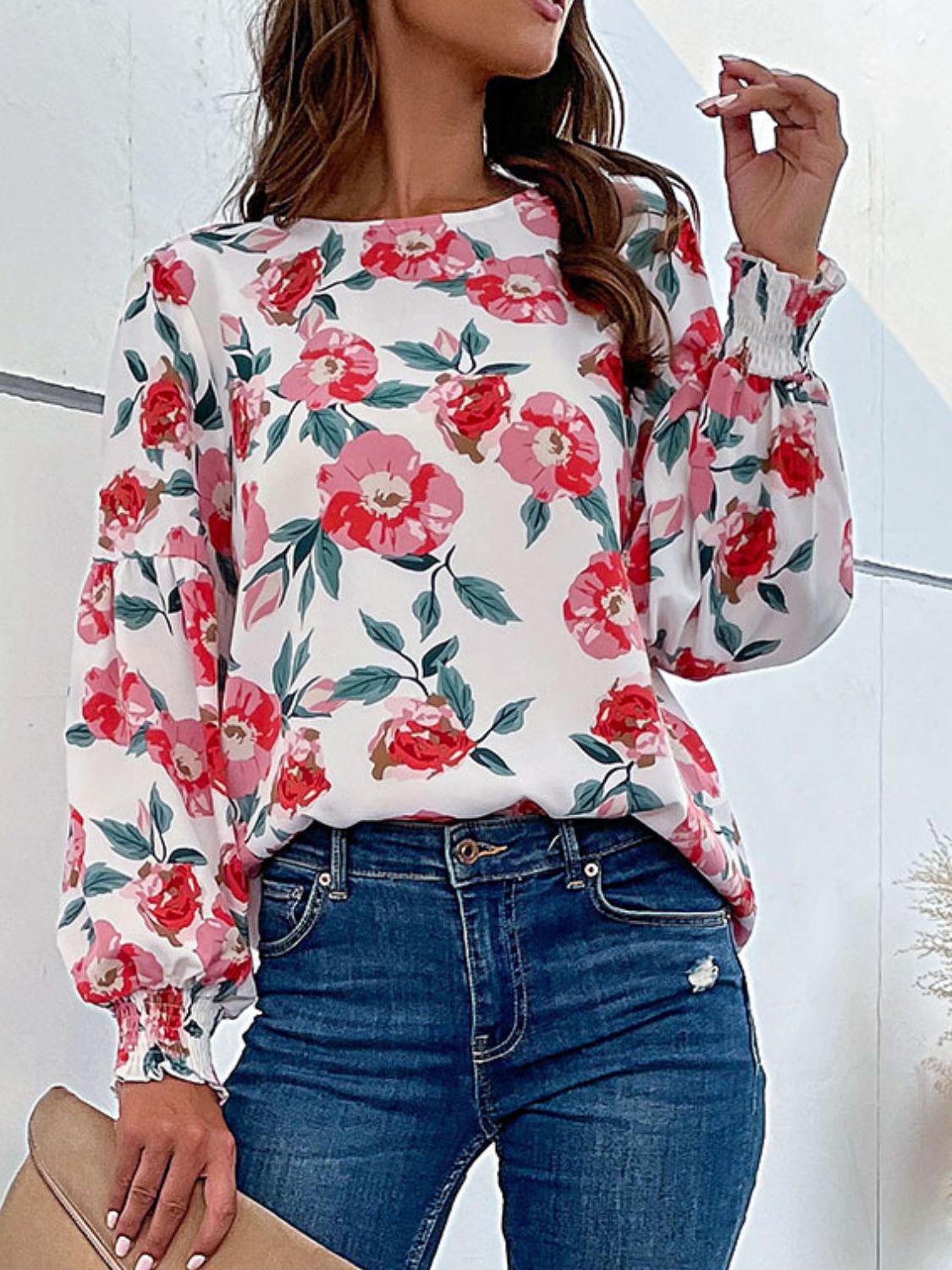Floral Long Puff Sleeve Round Neck Blouse BLUE ZONE PLANET