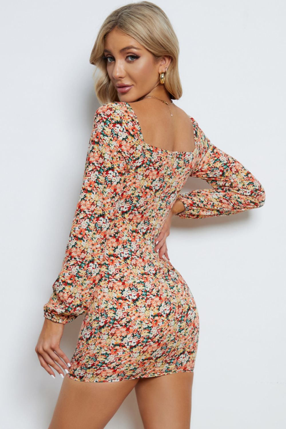 Floral Long-Sleeve Bodycon Dress BLUE ZONE PLANET