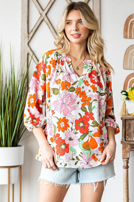 Floral Notched Neck Balloon Sleeve Blouse BLUE ZONE PLANET