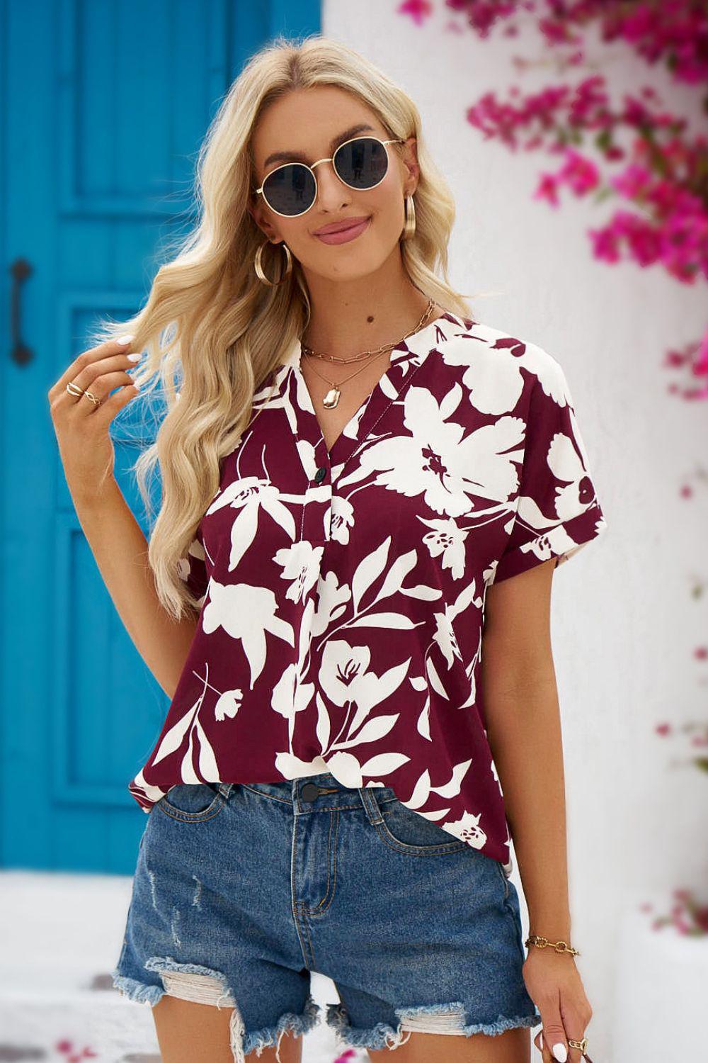 Floral Notched Neck Cuffed Blouse BLUE ZONE PLANET