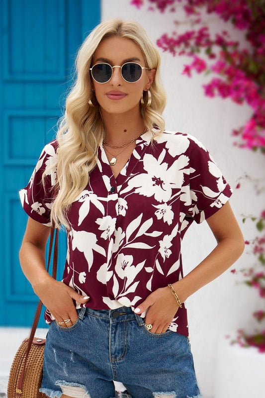 Floral Notched Neck Cuffed Blouse BLUE ZONE PLANET